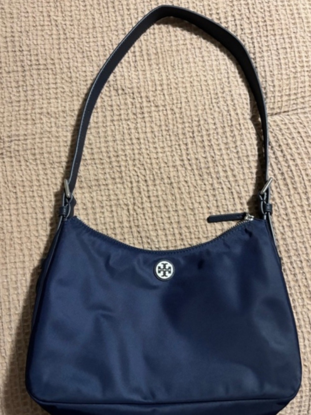 Tory Burch Navy Nylon Shoulder Bag with Logo Medallion